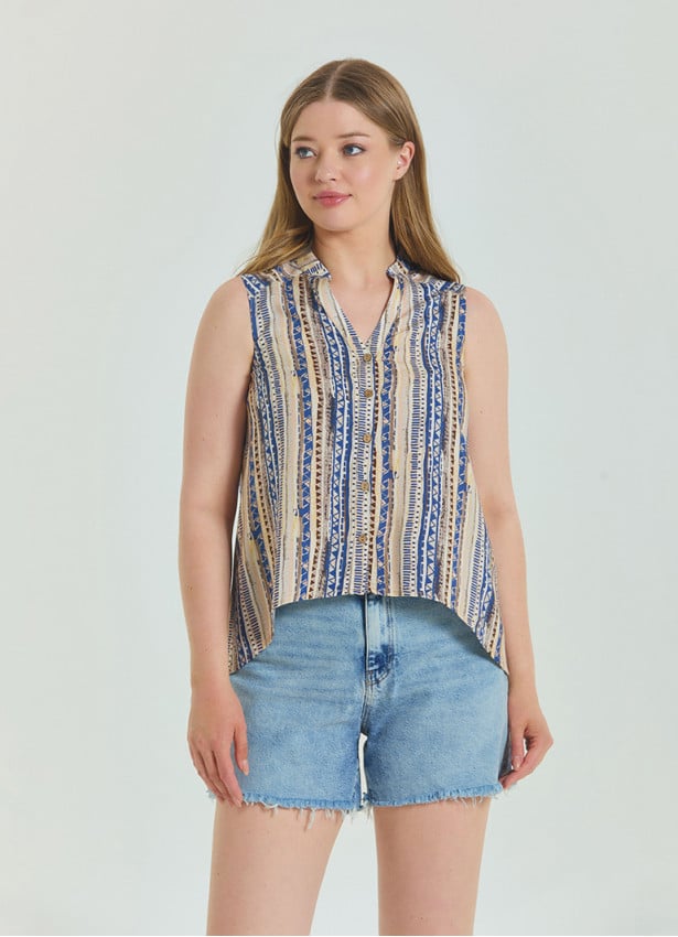 Shirt Collar Asymmetric Cut Beige Ethnic Blouse 4562